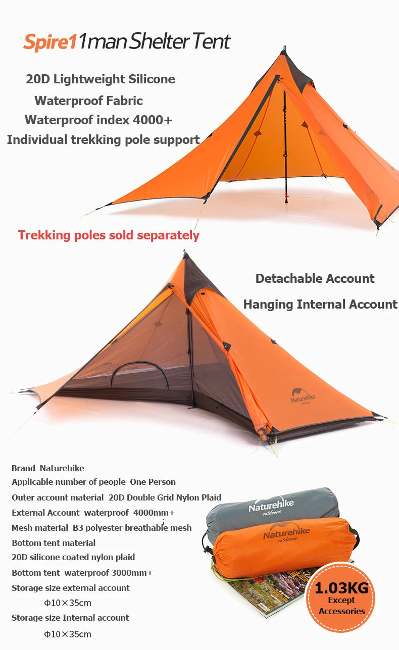 Naturehike Camping Tent Single Outdoor Ultralight Camping Tent 3 Season 20D Silicone Nylon Rodless Tent Waterproof Beach Tent